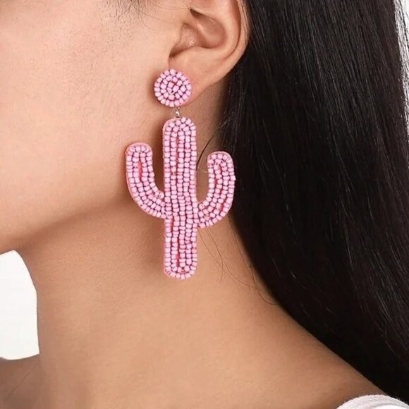Cactus Glass Bead Pink Statement Desert Plant Southwestern Dangle Party Earring - Picture 2 of 5